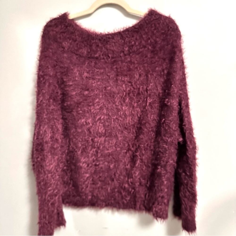 Express Off Shoulder Fuzzy Eyelash Long Sleeve Sweater Burgundy Womens Medium